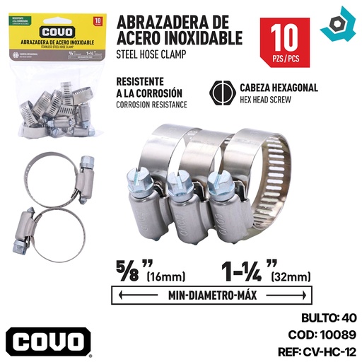 [10089] ABRAZADERAS 5/8" A 1 1/4" DE ACERO INOXIDABLE COVO
