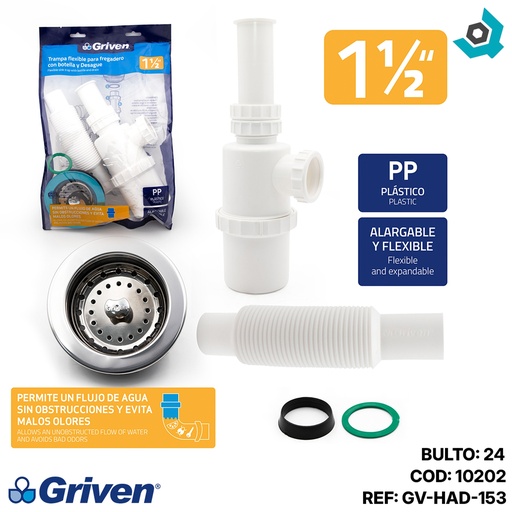 [10202] SIFON PARA FREGADERO 1 1/2" FLEIXBLE CON BOTELLA GRIVEN