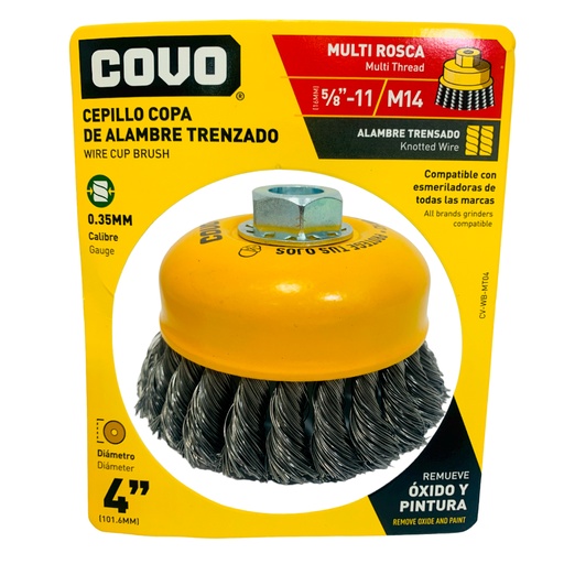 [10320] DISCO CEPILLO DE COPA DE ALAMBRE TRENSADO MULTIROSCA 4" X 5/8"-11 Y M14 COVO