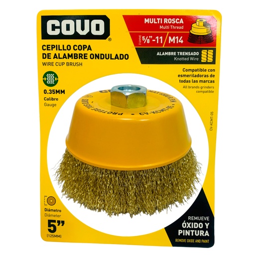 [10328] DISCO CEPILLO DE COPA DE ALAMBRE ONDULADO MULTIROSCA 5" X 5/8"-11 Y M14 COVO