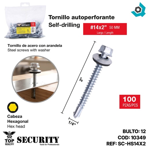 [10349] TORNILLO AUTOPERFORANTE #14 X 2" 100PZAS SECURITY