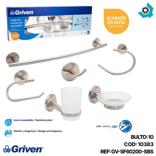 [10383] JUEGO DE ACCESORIOS DE BANO 6 PIEZAS SATINADO GRIVEN