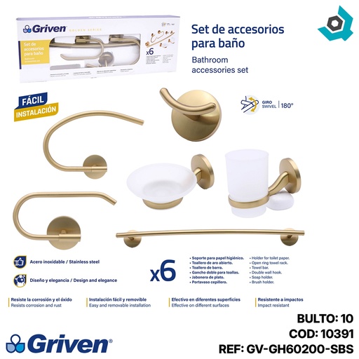 [10391] JUEGO DE ACCESORIOS DE BANO 6 PIEZAS DORADO GRIVEN GOLDEN