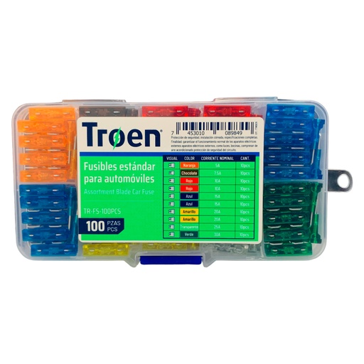 [10423] FUSIBLES ESTANDAR PARA AUTOMOVILES 100 PIEZAS TROEN