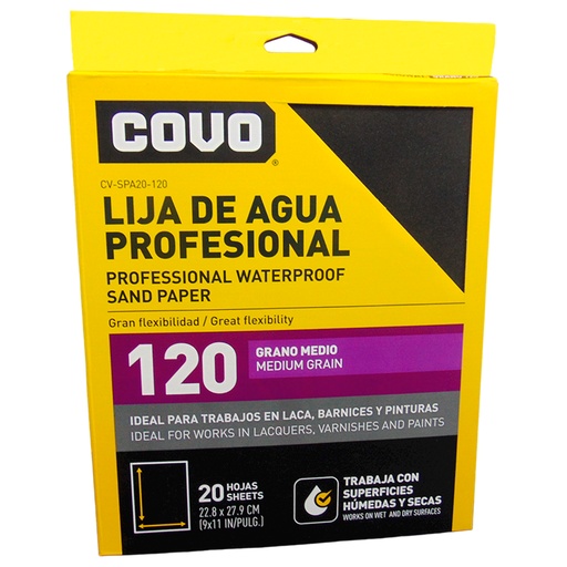 [10463] LIJA DE AGUA 9" X 11" GRANO 120 MEDIO COVO