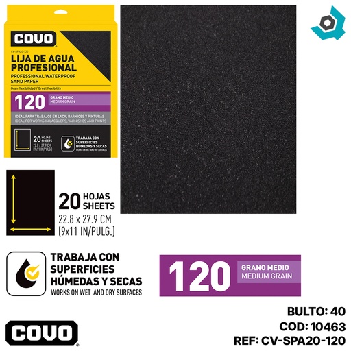 [10463] LIJA DE AGUA 9" X 11" GRANO 120 MEDIO COVO