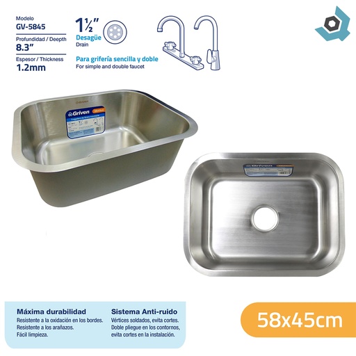 [10509] FREGADERO DE SOBREPONER 58X45 CM DE ACERO INOXIDABLE GRIVEN