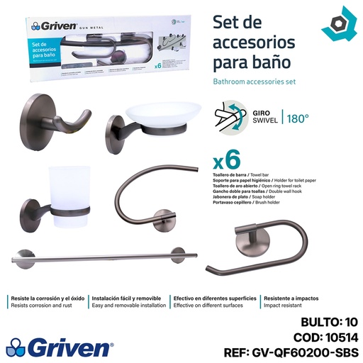 [10514] JUEGO DE ACCESORIOS DE BANO 6 PIEZAS GRIVEN GUN METAL