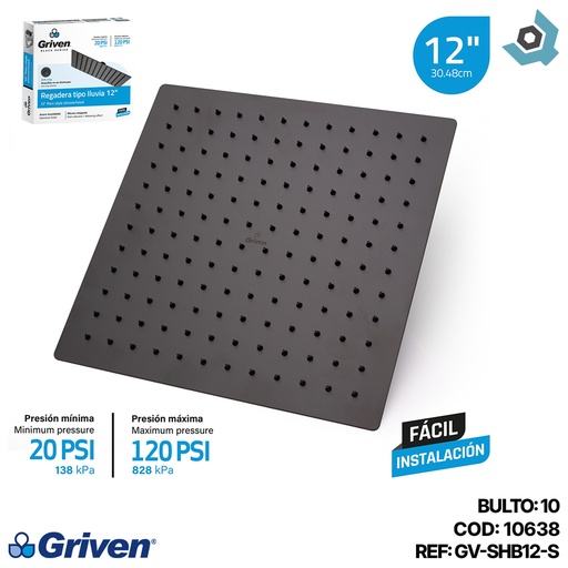 [10638] REGADERA PARA DUCHA TIPO LLUVIA CUADRADA 12" GRIVEN BLACK