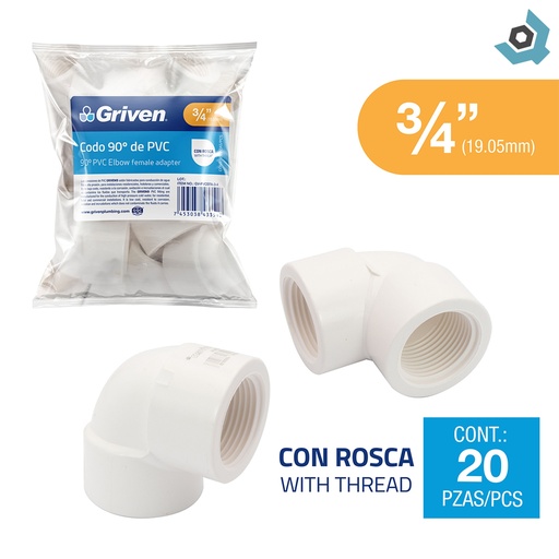 [10670] CODO 90GR DE PVC 3/4" CON ROSCA BLANCO GRIVEN