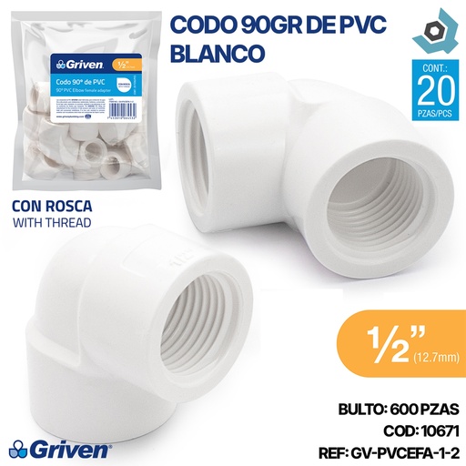 [10671] CODO 90GR DE PVC 1/2" CON ROSCA BLANCO GRIVEN