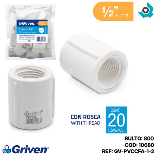 [10680] UNION COPLE DE PVC 1/2" CON ROSCA BLANCO GRIVEN