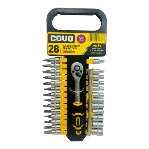 [10800] JUEGO DE DADOS Y PUNTAS CON RACHET 1/4" 28 PZA COVO