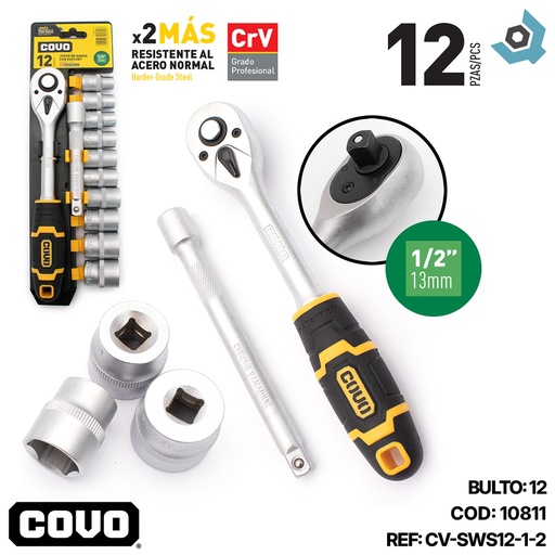 [10811] JUEGO DE DADOS CON RACHET 1/2" 12 PZA COVO