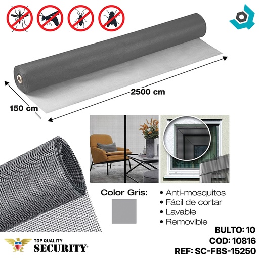 [10816] MALLA MOSQUITERO PANTALLA GRIS FIBRA DE VIDRIO 150 X 2500CM  SECURITY