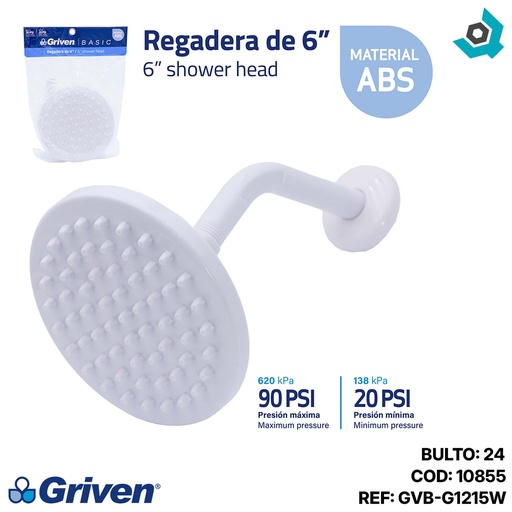 [10855] REGADERA PARA BANO 6" ABS BLANCO GRIVEN BASIC