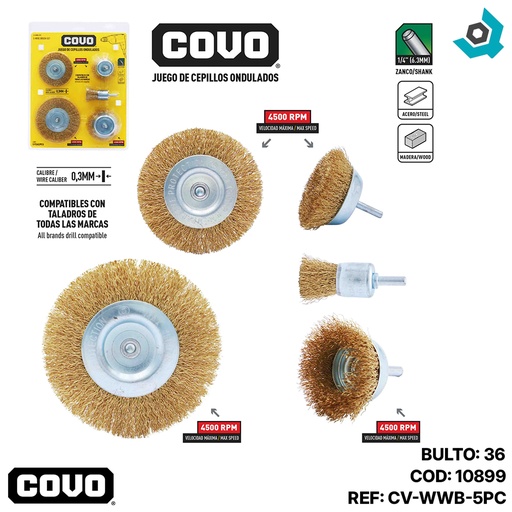 [10899] JUEGO DE CEPILLOS DE COPA DE ALAMBRE ONDULADO 5 PIEZAS COVO