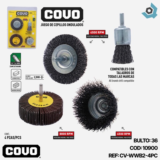 [10900] JUEGO DE CEPILLOS DE COPA DE ALAMBRE ONDULADO 4 PIEZAS COVO