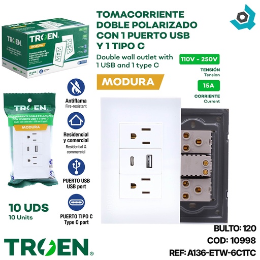 [10998] TOMACORRIENTE DOBLE CON UN USB Y UN TIPO C BLANCO TROEN