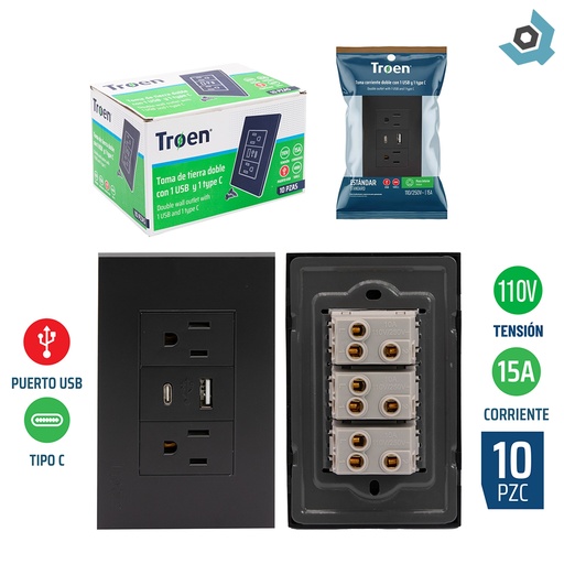 [10999] TOMACORRIENTE DOBLE CON UN USB Y UN TIPO C NEGRO TROEN