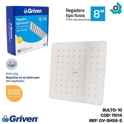 [11014] REGADERA PARA DUCHA TIPO LLUVIA CUADRADA 8" SATINADA GRIVEN