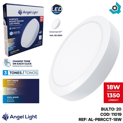 [11019] LAMPARA LED SUPERFICIAL REDONDA 18W 3 TONOS ANGEL LIGHT