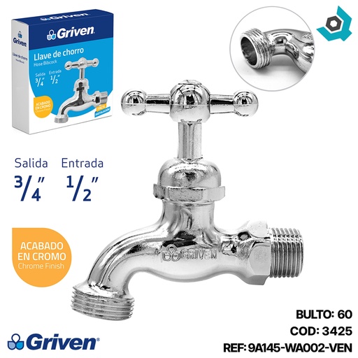 [3425] LLAVE DE CHORRO 1/2" CROMADA SIN PICO GRIVEN