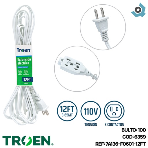 [6359] EXTENSION ELECTRICA 12FT 3 TOMAS TROEN