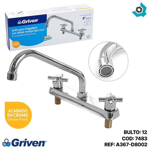 [7483] GRIFERIA PARA FREGADERO 8" MANIJA DE CRUZ GRIVEN