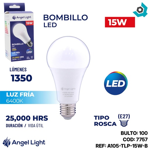 [7757] BOMBILLO LED 15W MULTIVOLTAJE ANGEL LIGHT