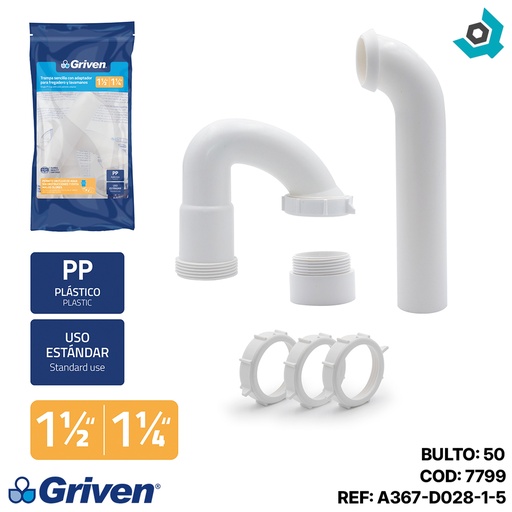 [7799] SIFON PARA FREGADERO O LAVAMANOS 1 1/2" - 1 1/4" GRIVEN